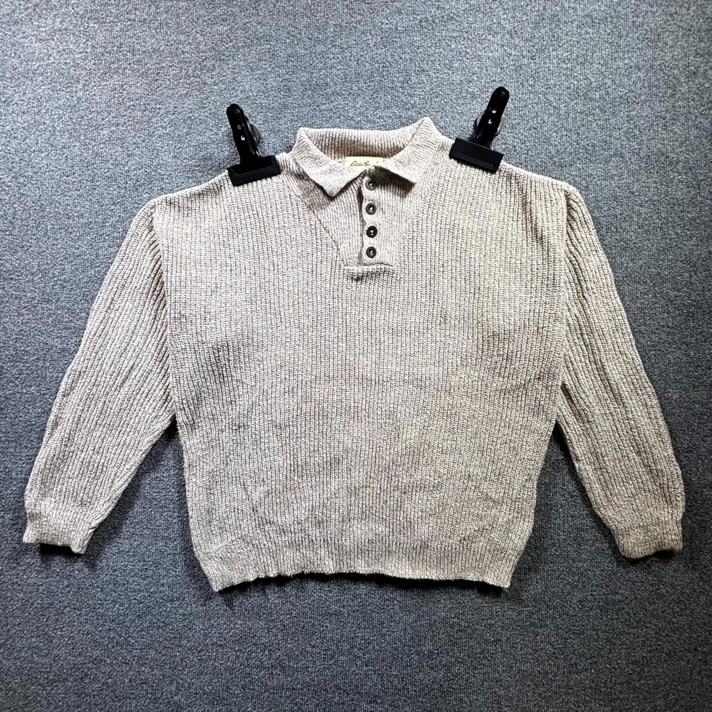 Vintage Eddie Bauer Sweater Mens Medium Beige Ribbed Knit Cotton Outerwear Retro
